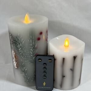 Lot of 2 Luminara Candles Pillar Botanical Pinecones Sticks Remote 4-10hr Timer